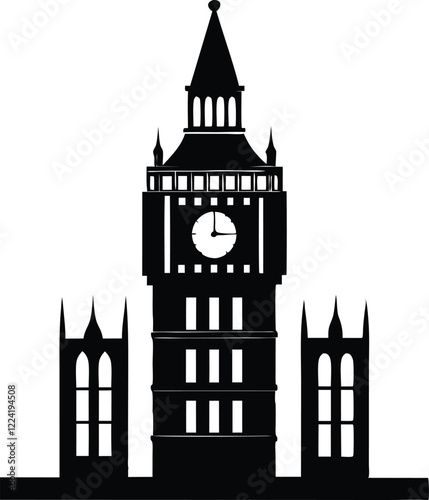 Big ben clock tower silhouette, clock tower black vector illustration