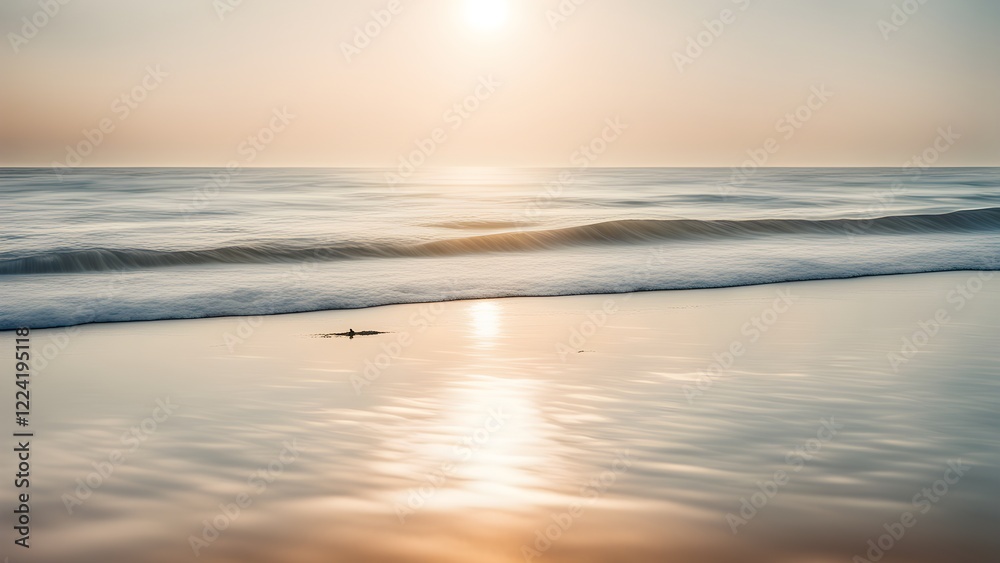 Obraz premium Serene sunrise seascape with a gentle wave washing ashore on a tranquil beach.