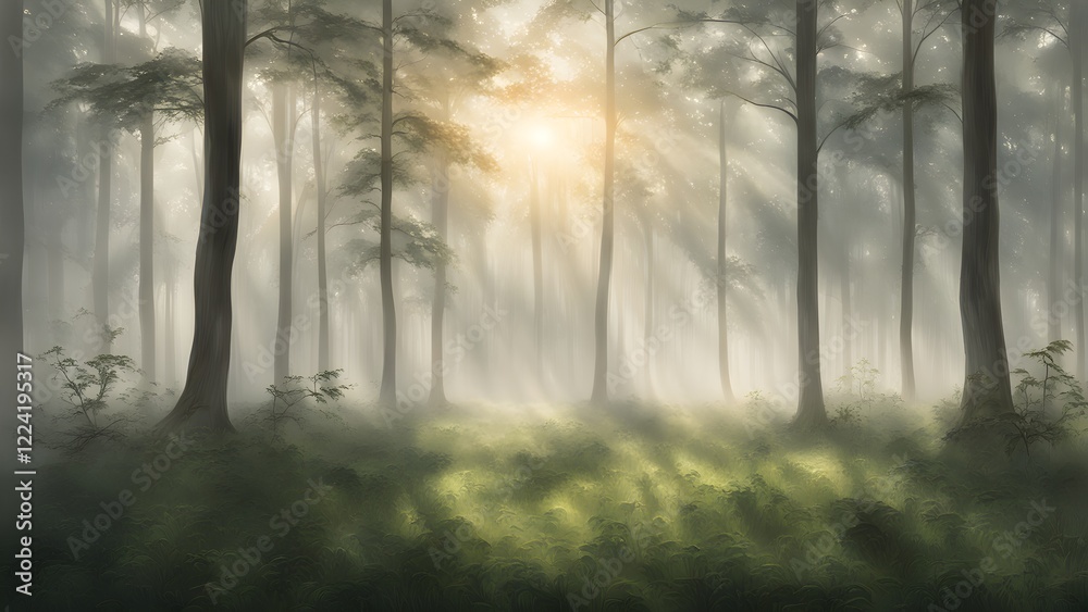 Magical sunbeams illuminate a mystical foggy forest floor, creating an ethereal atmosphere amongst tall trees.
