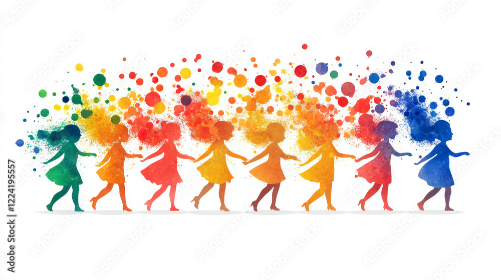 Fototapeta premium Artistic representation of girls in vivid, rainbow-colored silhouettes with splashes, ideal to symbolize creativity, vibrancy, and individuality.