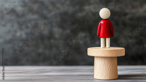 A wooden figure wearing a red outfit placed on a circular pedestal, with a blurred textured background, representing uniqueness, success, and individual accomplishment. photo