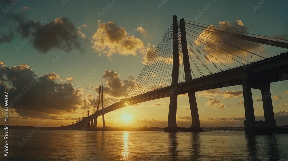Obraz premium Sunset Cable-stayed Bridge Silhouette over River