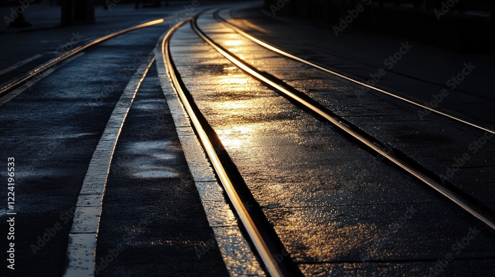Reflections on wet tram tracks during sunset, creating a serene urban atmosphere. Reflections on wet tram tracks during sunset, creating a serene urban atmosphere.