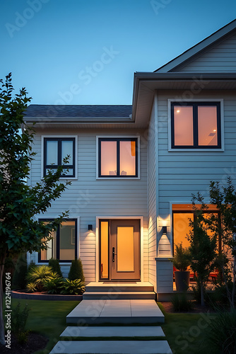 Modern House Exterior at Dusk: Contemporary Home Design, Real Estate Photography
