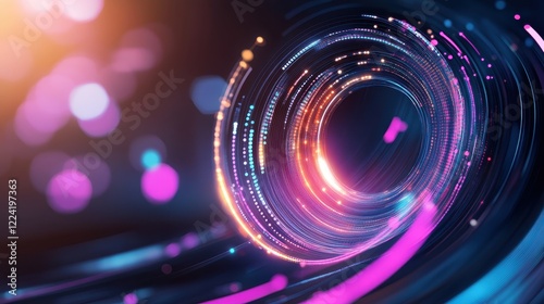 A vibrant, swirling abstract design featuring colorful light trails, creating a dynamic sense of motion and depth.