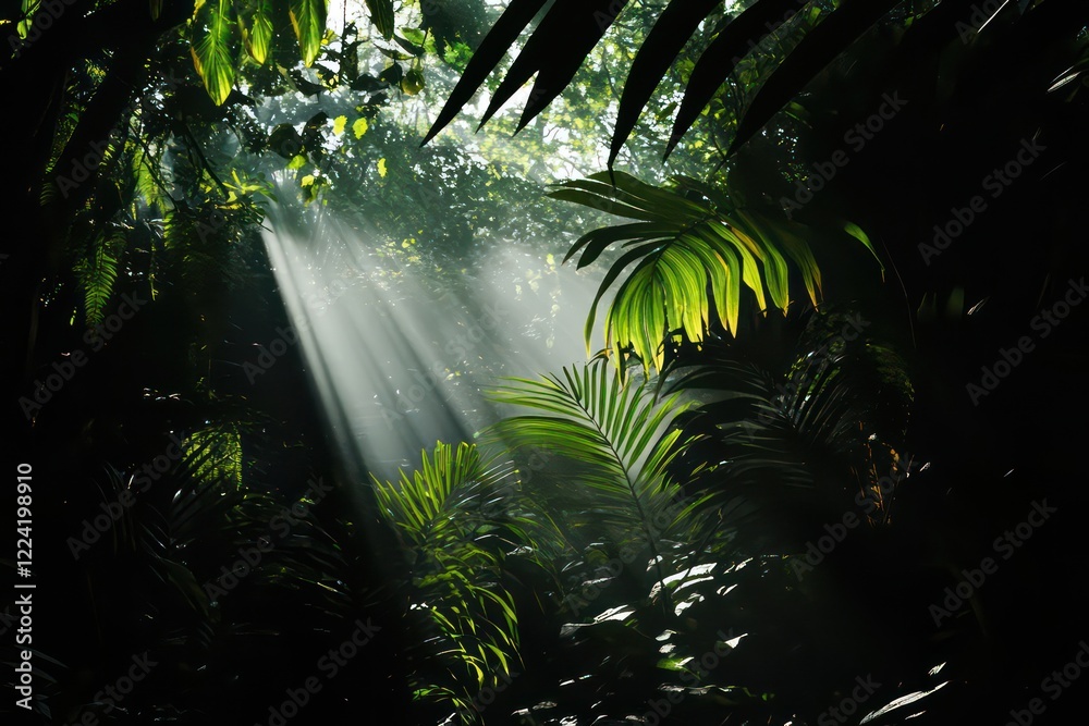 Naklejka premium A tropical rainforest environment with dark silhouetted plants and trees, emphasizing exotic wildlife settings.