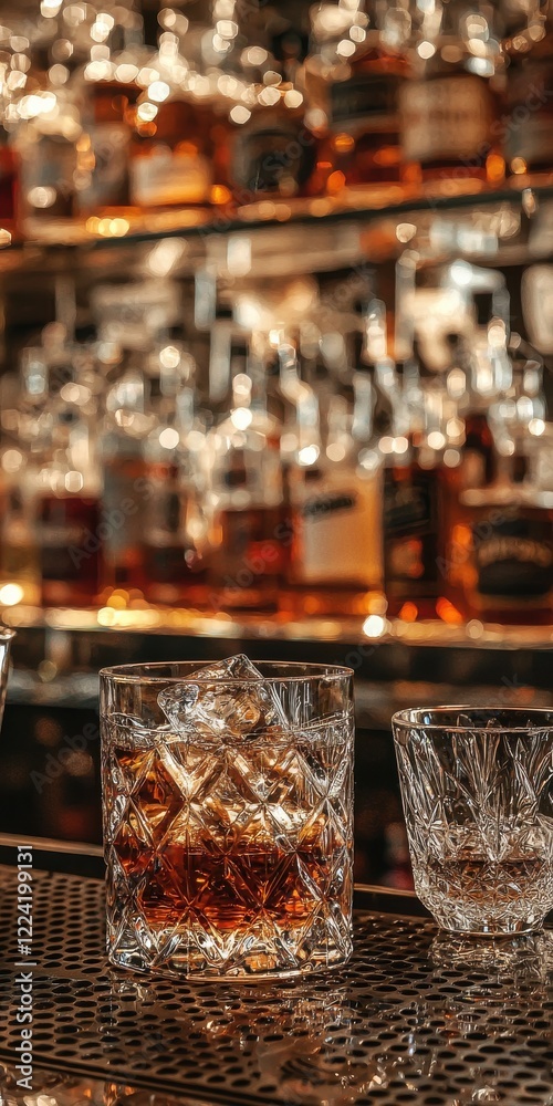 Elegant bar setup with premium spirits and glassware cozy lounge warm ambiance mid-angle perspective Elegant bar setup with premium spirits and glassware cozy lounge warm ambiance mid-angle perspective