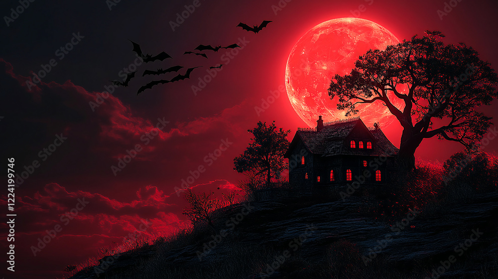 Haunted house is standing on a hill with bats flying under the red moon on Halloween night