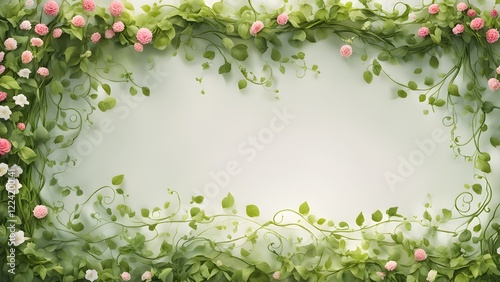 Elegant floral frame with delicate pink and white flowers and lush green vines on a soft green background, perfect for invitations, cards, or website banners.