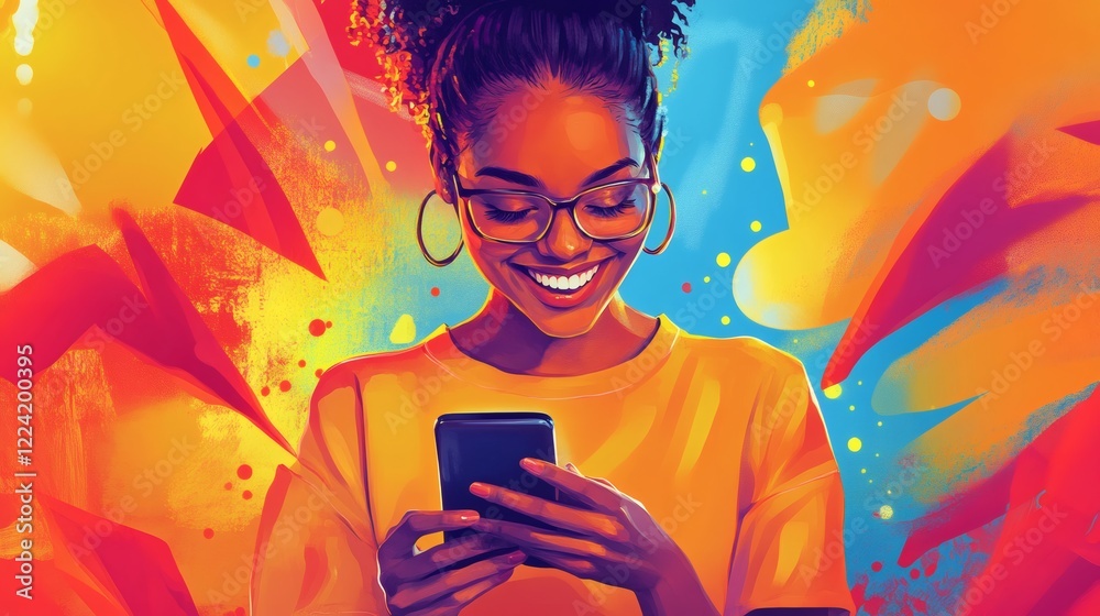 Joyful Black Woman Using Smartphone Against Vibrant Abstract Background Joyful Black Woman Using Smartphone Against Vibrant Abstract Background