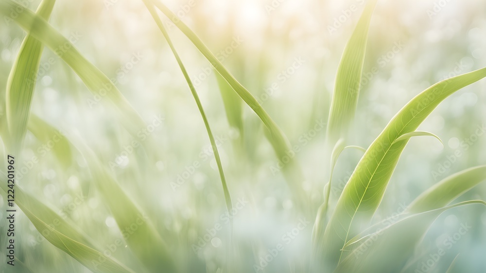 Obraz premium Soft-focus image of delicate green leaves bathed in sunlight, creating a serene and peaceful nature background.