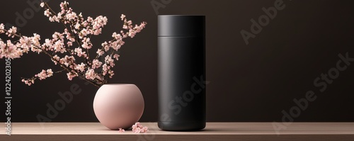 A sleek black speaker stands next to a soft pink vase with delicate blossoms, set against a minimalistic dark background.