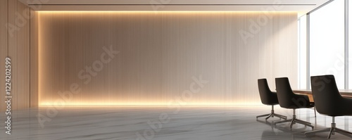 A modern conference room featuring minimalist design elements, with a wooden wall and soft ambient lighting.