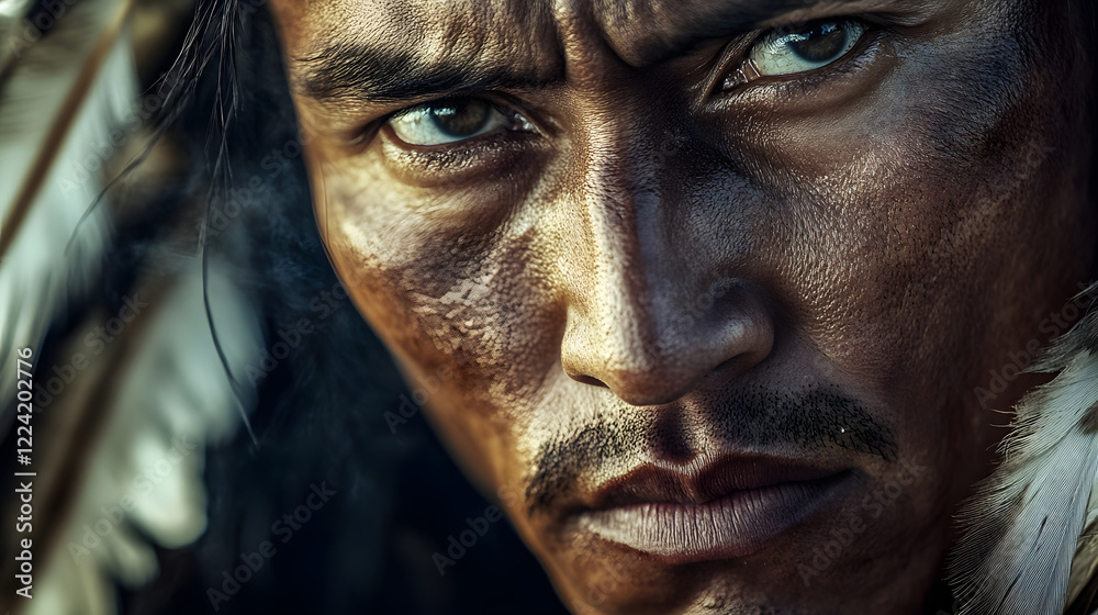 Intense portrait of a young man with facial feathers highlighting cultural identity : Generative AI Intense portrait of a young man with facial feathers highlighting cultural identity : Generative AI