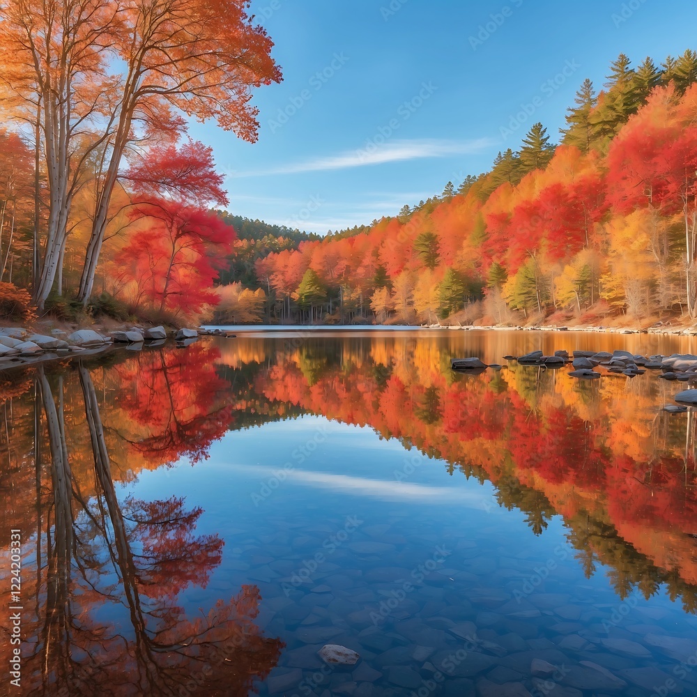 Obraz premium Vibrant autumn landscape with colorful trees reflecting in calm water under clear blue sky
