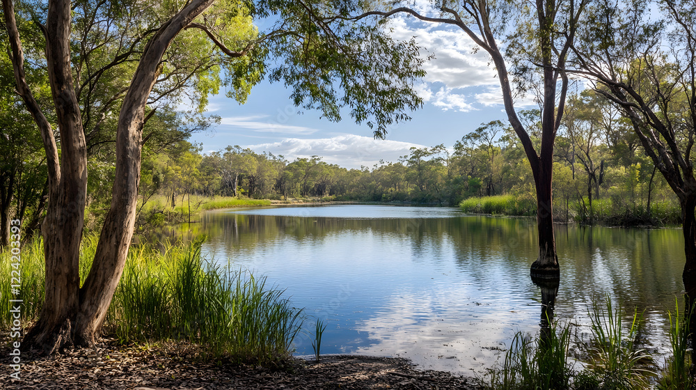 Serene Lake View Surrounded by Lush Greenery and Tranquil Atmosphere in Nature Landscape : Generative AI Serene Lake View Surrounded by Lush Greenery and Tranquil Atmosphere in Nature Landscape : Generative AI