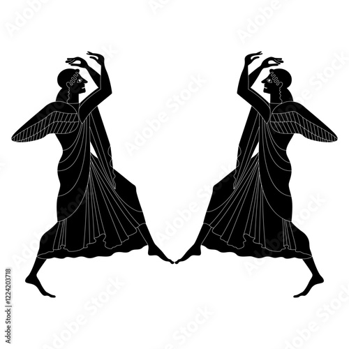 Symmetrical ethnic design with two dancing winged Ancient Greek goddesses. Vase painting style. Black and white silhouette.