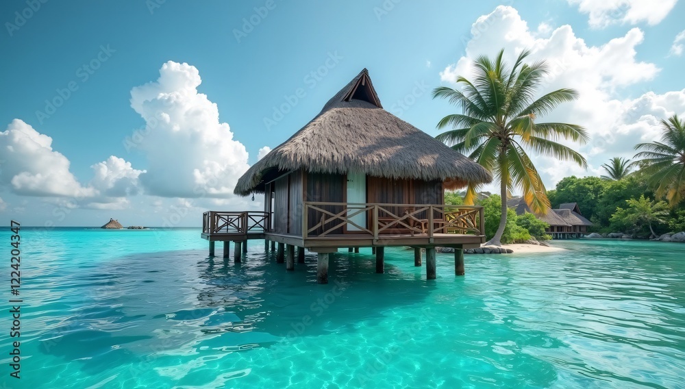 Tropical hut in water, Travel background, sea background Tropical hut in water, Travel background, sea background