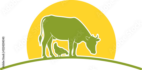 logo cow and chicken eating grass