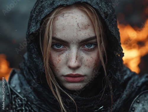 Fierce female warrior in dark armor and hood photo