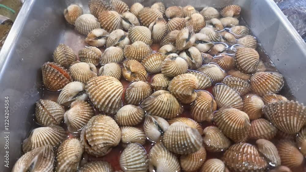 Supermarkets display fresh blood cockles at low temperatures to preserve their freshness. Supermarkets display fresh blood cockles at low temperatures to preserve their freshness.