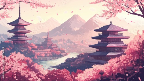 Serene Japanese Pagoda Landscape Under Cherry Blossoms in Springtime