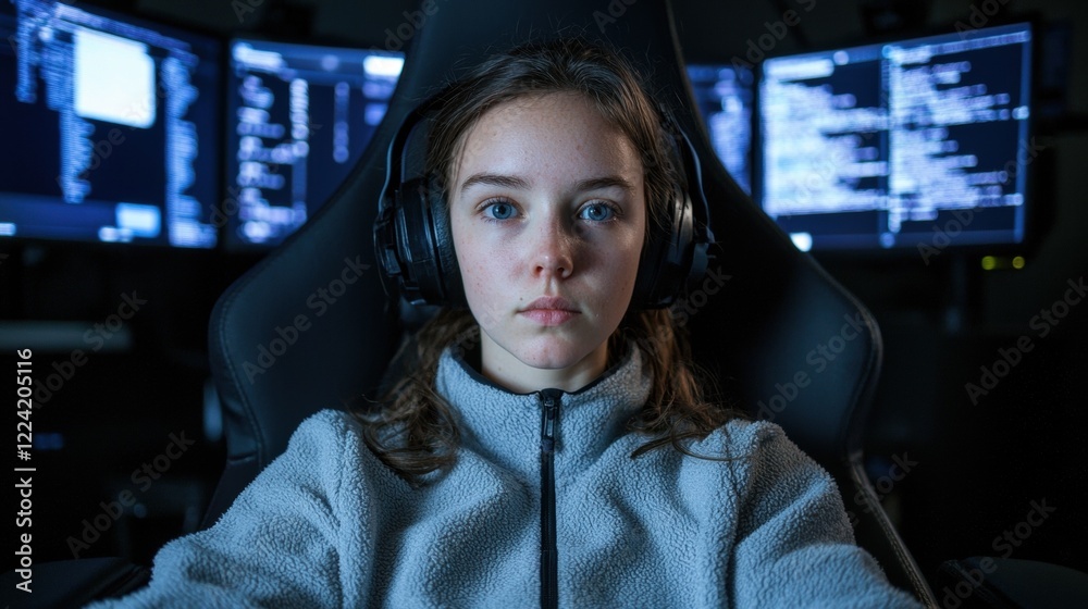 Teenage girl wearing headphones and looking at multiple computer screens Teenage girl wearing headphones and looking at multiple computer screens