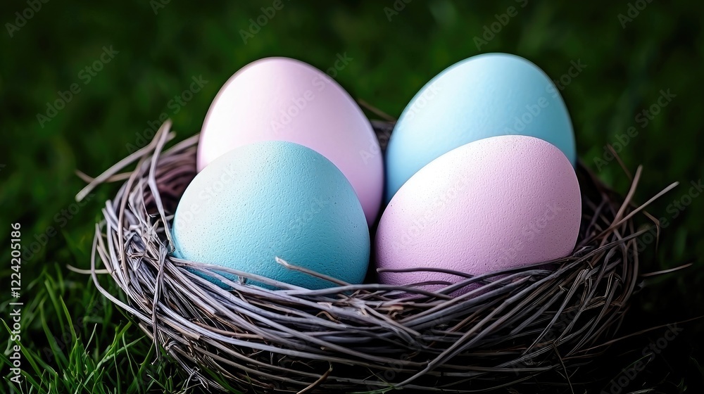 Pastel Easter eggs in nest on grass, spring celebration Pastel Easter eggs in nest on grass, spring celebration