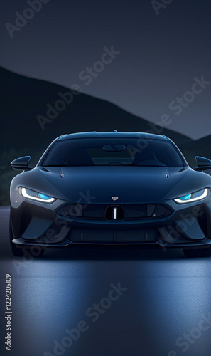 A sleek and futuristic luxury car showcased at night, illuminated by modern LED headlights and set against a dark, moody backdrop. photo