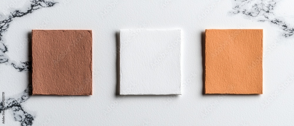 Fototapeta premium Three textured squares of paper in brown, white, and orange shades on a marble background
