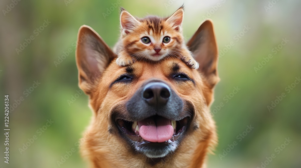Fototapeta premium Playful mixed breed dog with kitten on head, showcasing heartwarming animal friendship
