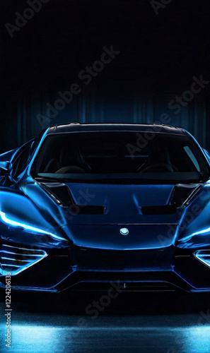 A sleek and futuristic luxury car showcased at night, illuminated by modern LED headlights and set against a dark, moody backdrop. photo