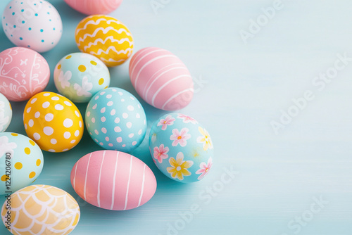 Colorful Easter eggs with pastel patterns on blue background