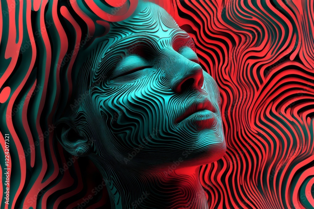 Naklejka premium Abstract Surreal Portrait with Vibrant Red and Teal Swirling Patterns