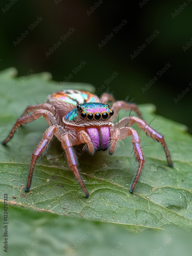 Fototapeta premium Closeup of a vibrant iridescent jumping spider on a leaf