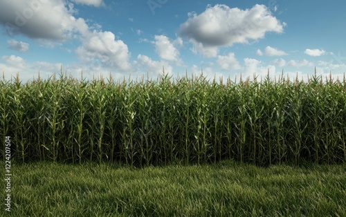 Tall green corn stalks in a field under a partly cloudy sky photo