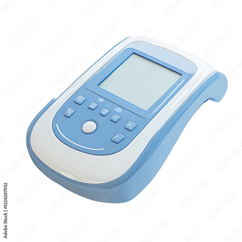 A compact blue and white portable medical device with a screen and buttons is shown. It appears to be used for diagnostic testing or patient monitoring. A compact blue and white portable medical device with a screen and buttons is shown. It appears to be used for diagnostic testing or patient monitoring.