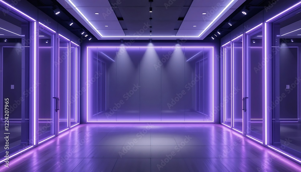 Fototapeta premium Modern hallway with purple neon lighting and glass doors