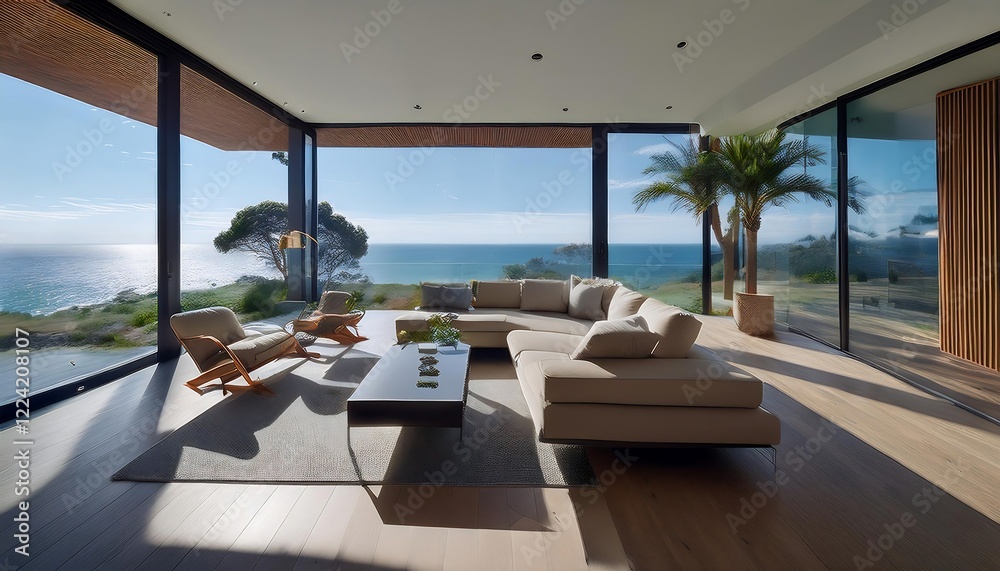 Fototapeta premium Modern oceanfront home with a sleek interior. Floor-to-ceiling windows showcase panoramic coastal views, blending luxurious living with natural beauty. Contemporary furniture complements the clean