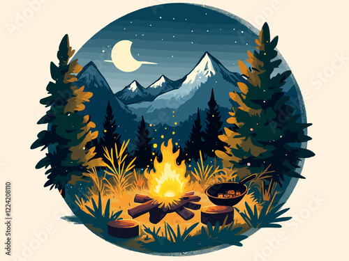 A cozy nighttime camping scene with a glowing campfire, a cast iron skillet cooking food over the flames, surrounded by pine trees and mountains in the background