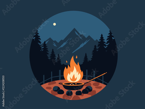 A cozy nighttime camping scene with a glowing campfire, a cast iron skillet cooking food over the flames, surrounded by pine trees and mountains in the background