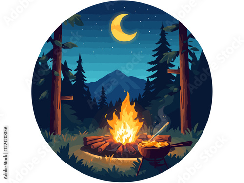 A cozy nighttime camping scene with a glowing campfire, a cast iron skillet cooking food over the flames, surrounded by pine trees and mountains in the background