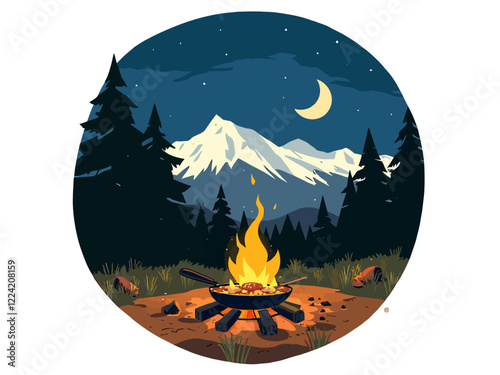 A cozy nighttime camping scene with a glowing campfire, a cast iron skillet cooking food over the flames, surrounded by pine trees and mountains in the background
