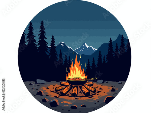 A cozy nighttime camping scene with a glowing campfire, a cast iron skillet cooking food over the flames, surrounded by pine trees and mountains in the background