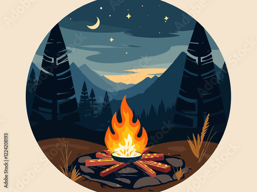 A cozy nighttime camping scene with a glowing campfire, a cast iron skillet cooking food over the flames, surrounded by pine trees and mountains in the background
