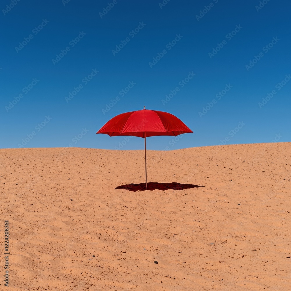 Red umbrella in the desert under a clear blue sky Red umbrella in the desert under a clear blue sky