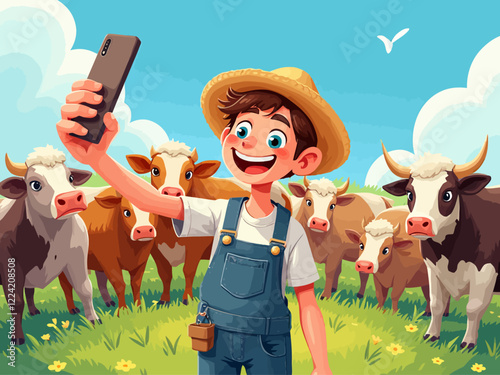  a farmer standing in front of his cow herd taking a selfie with them in the backround to use for social media