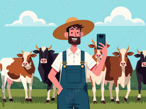  a farmer standing in front of his cow herd taking a selfie with them in the backround to use for social media