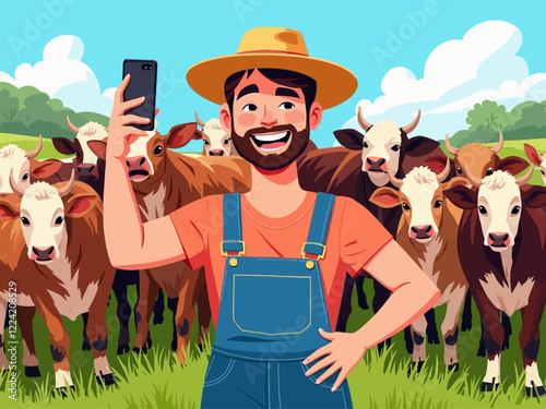  a farmer standing in front of his cow herd taking a selfie with them in the backround to use for social media
