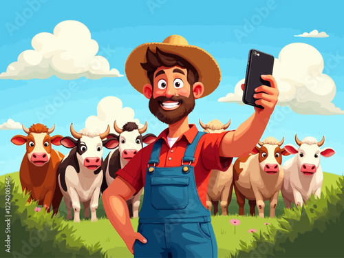  a farmer standing in front of his cow herd taking a selfie with them in the backround to use for social media